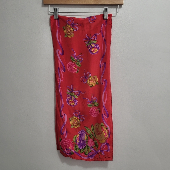 Oscar de la Renta Red Pink Purple Floral Scarf 50" x 11" - Picture 1 of 5